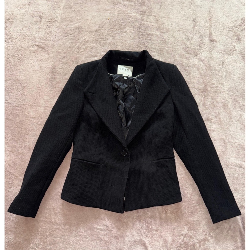 Reiss Women's Blazer Black Micro Check 1 Button Sullivan Wool Blend Size Small